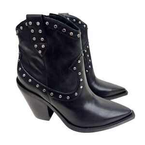 Arezzo Boots Size 10B Black‎ Leather Block Heel Studded Booties Side Zip NEW